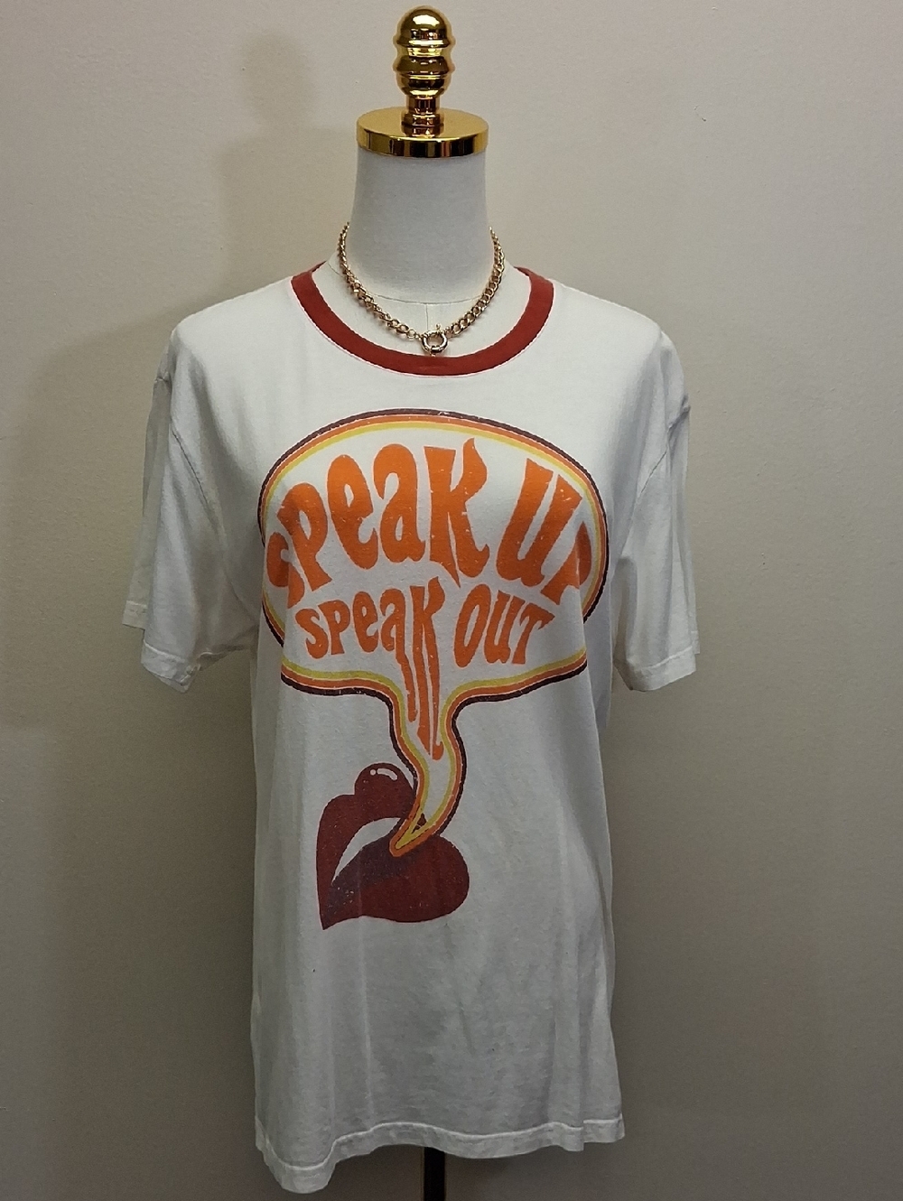 Attic Salt Speak Up Speak Out Ringer Graphic Tee White Red Medium